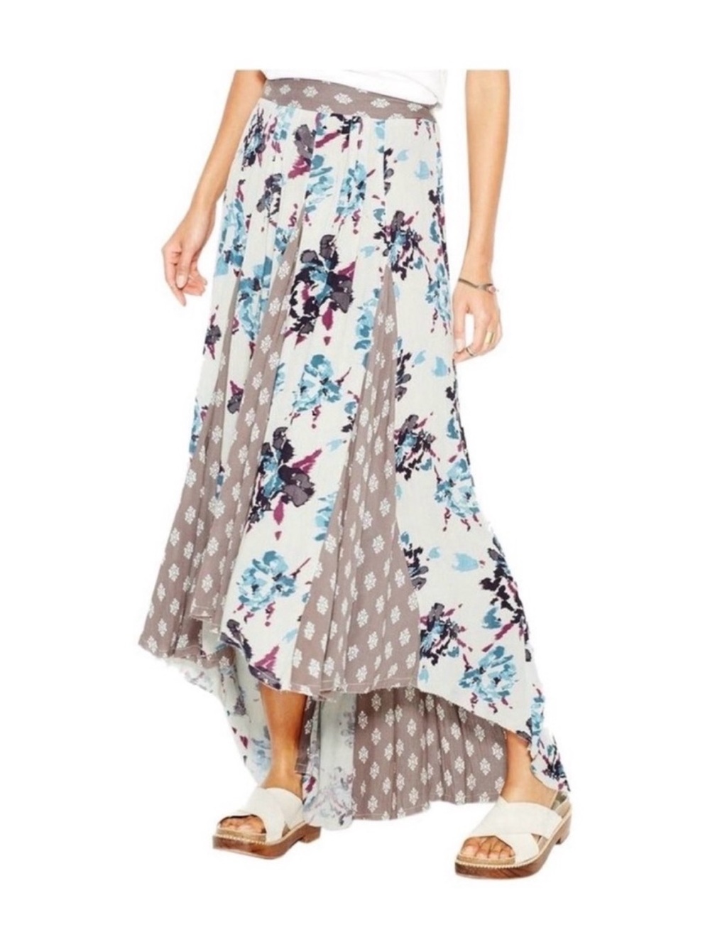 Free People Floral Patchwork High-Low Maxi Skirt in Cream, Blue, Taupe